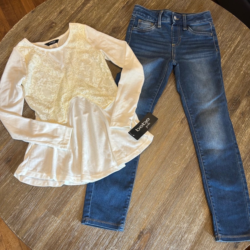 Bebe Girls Size 7 Off-White Lace Long Sleeve Top & Jumping Beans Jeggings Outfit